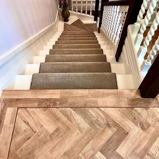 Staircase fitted with a runner in Puerto Rico-San Juan stain resistant carpet and finished with a colour-match bind