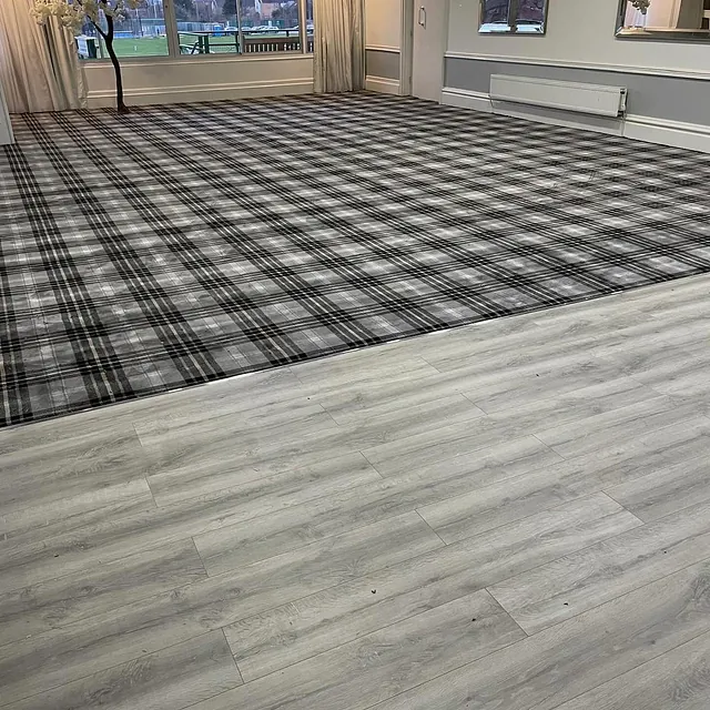 Aigburth Cricket Club - Function room fitted with a fantastic grey check limited edition Wilton. Partnered with a heavy domestic Salamanca laminate for the dance floor