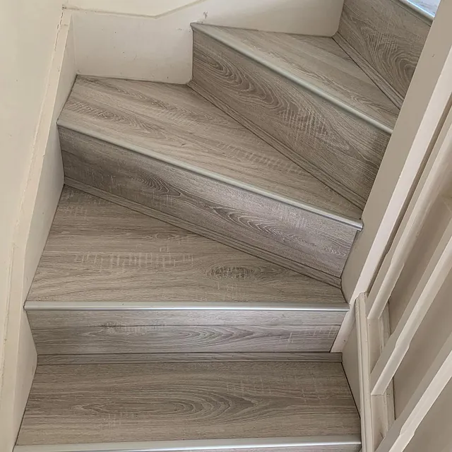 Harrow Grey Oak fitted with satin silver stair nosings