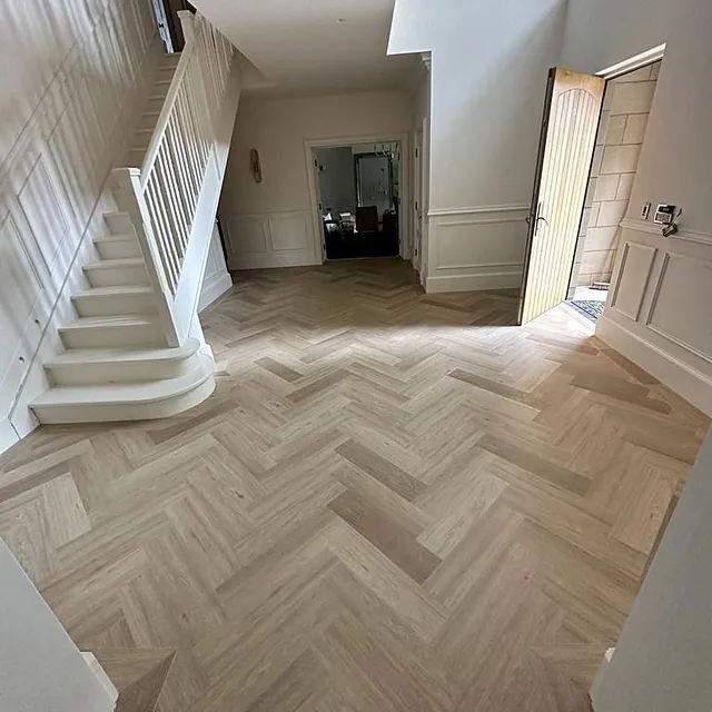 Herringbone master piece this project was fitted in Therdex LVT colour 6042 Blonde Oak